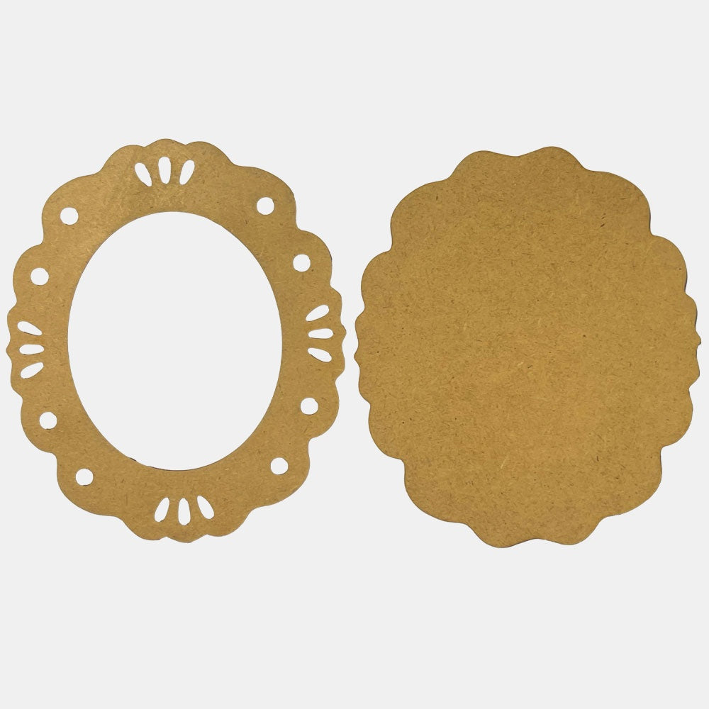 Two decorative MDF wood cutouts with scalloped edges on a white background