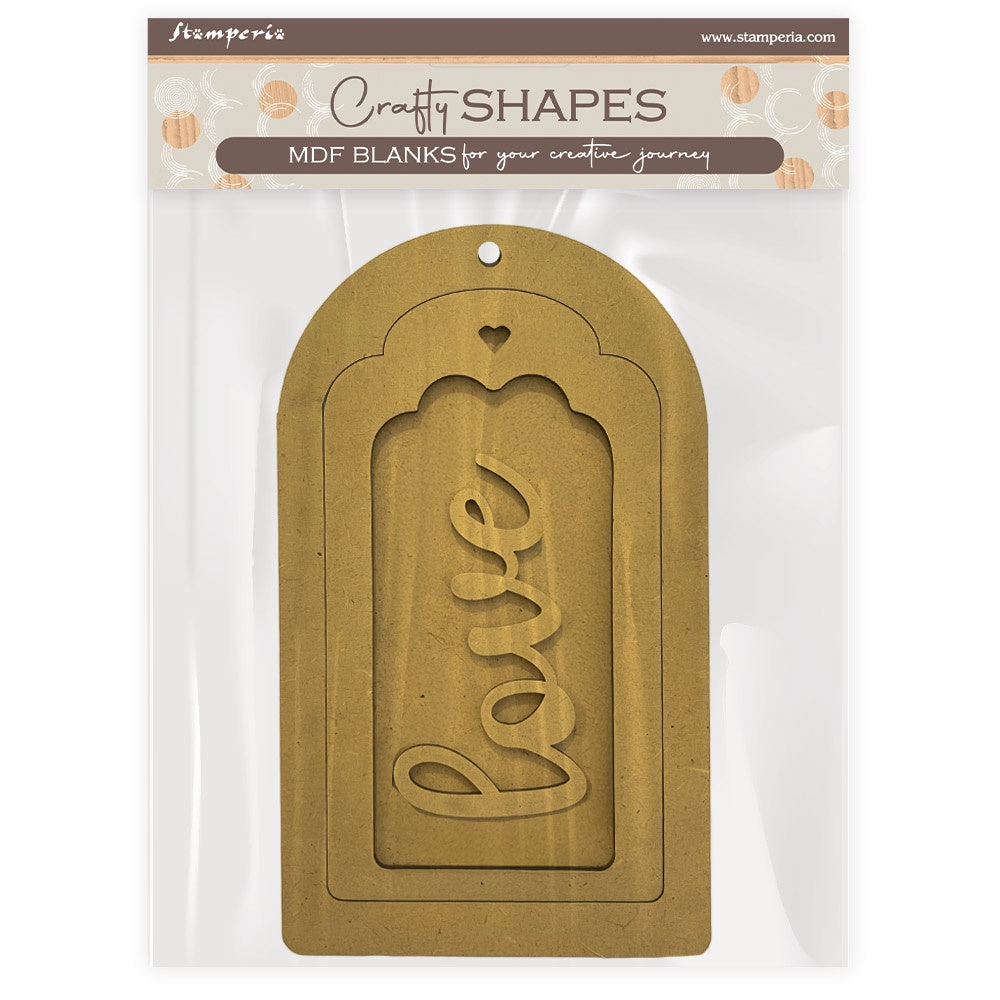 MDF blank with 'love' engraving in packaging labeled 'Craft Shapes'.