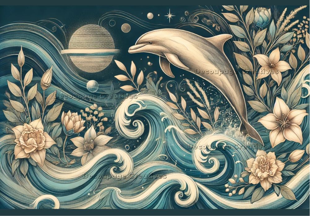 Dolphin leaping up from crashing blue waves with white flowers beneath dark blue sky with stars and planets decoupage rice papers from decoupage creatives