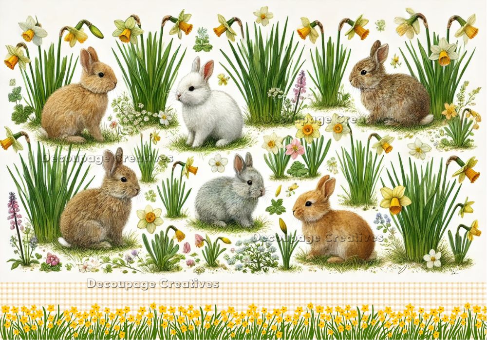 brown white and grey bunnies among daffodils decoupage rice papers from decoupage creatives