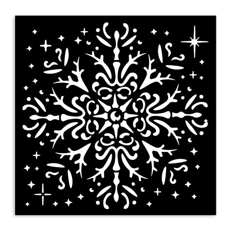 Black and white stencil snowflake design on a black background