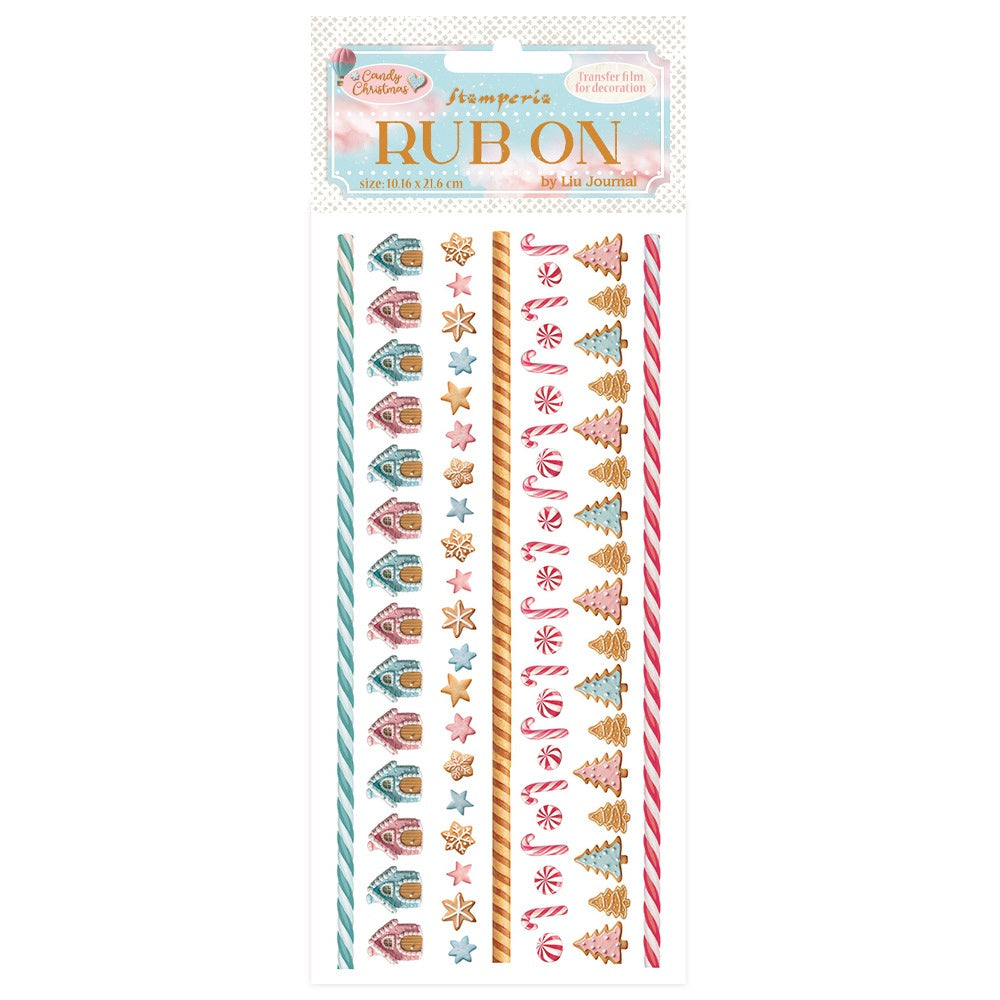 Decorative rub-on transfers with gingerbread house and candy cane designs on a white background.