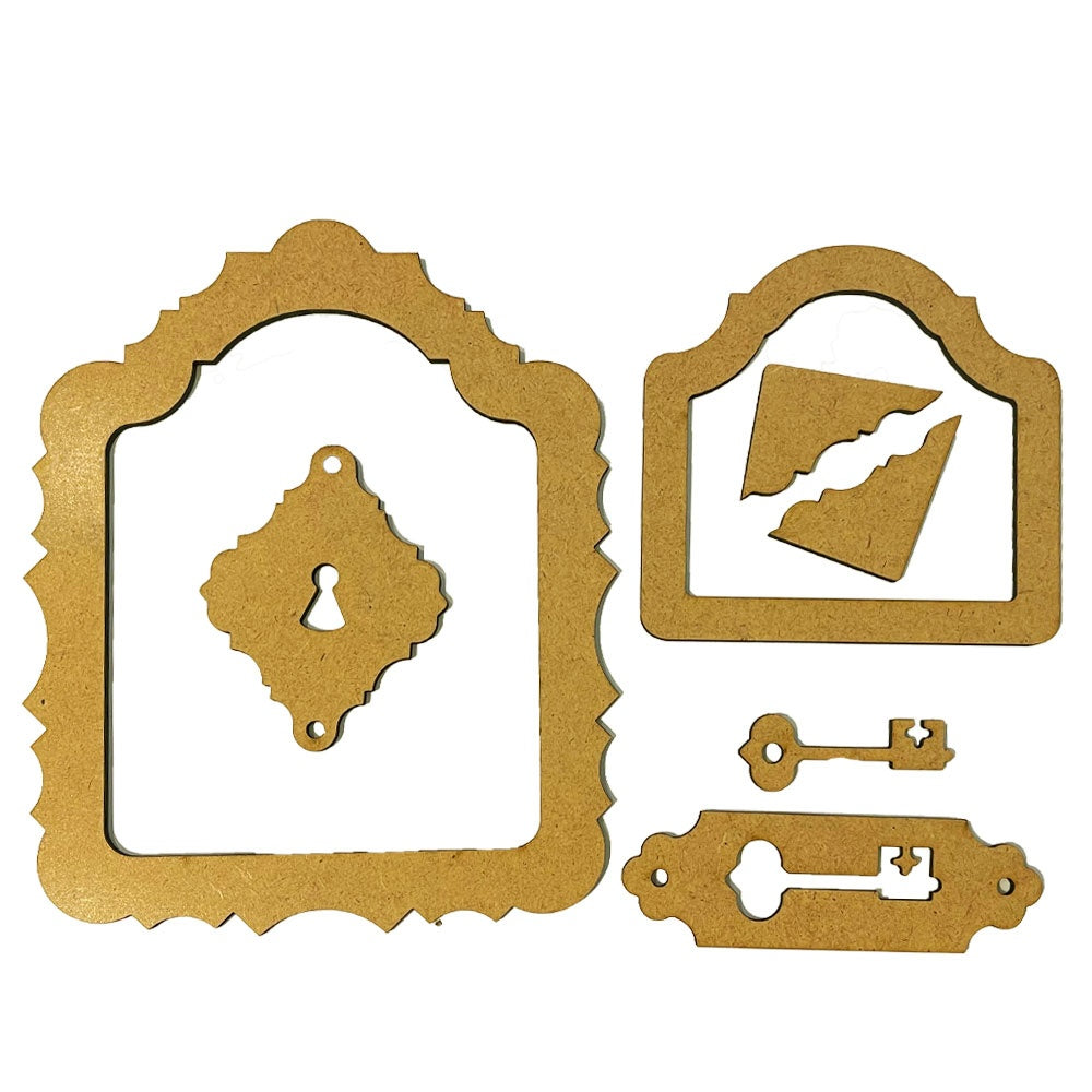 Decorative MDF wood pieces with keyhole and lock designs on a white background