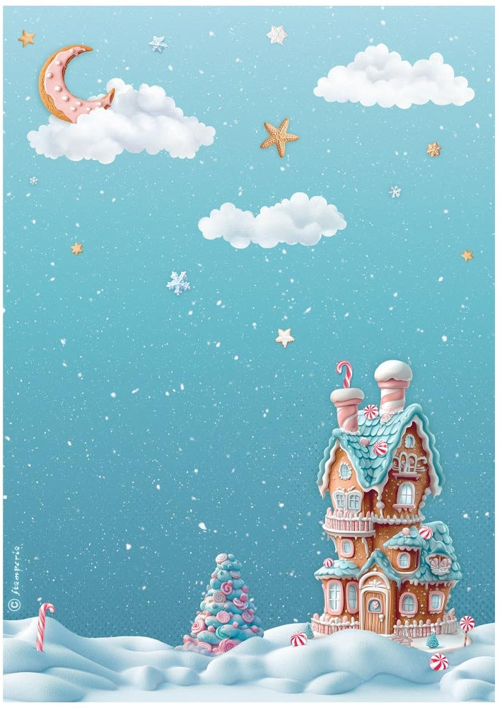 Illustration of a gingerbread house in a snowy landscape with a blue sky.