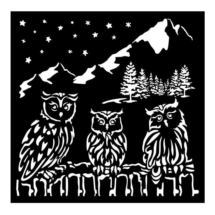 Three owls stencil on a fence with a mountain and starry sky in the background