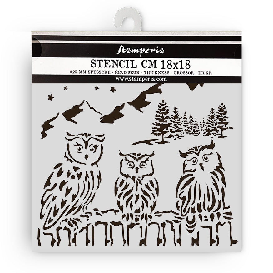 Stamperia owl stencil with trees on a white background