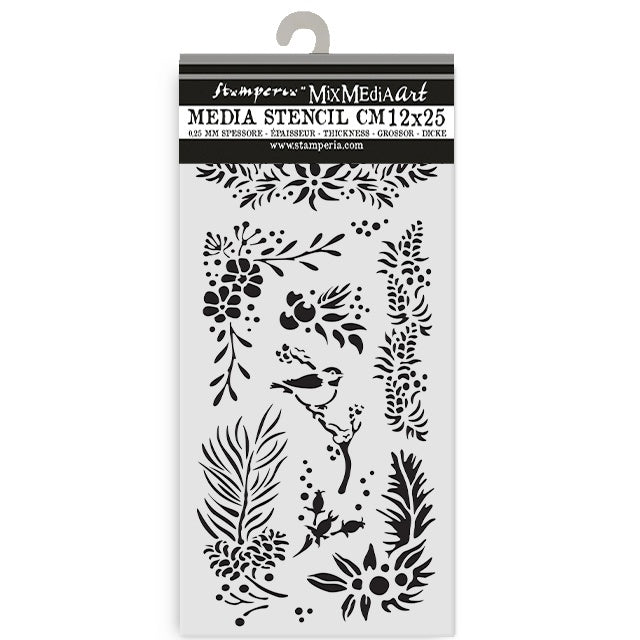 Stamperia Media Stencil with floral and botanical designs on a white background