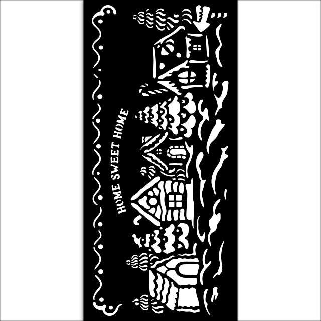Decorative stencil with houses and 'Home Sweet Home' text on a black background