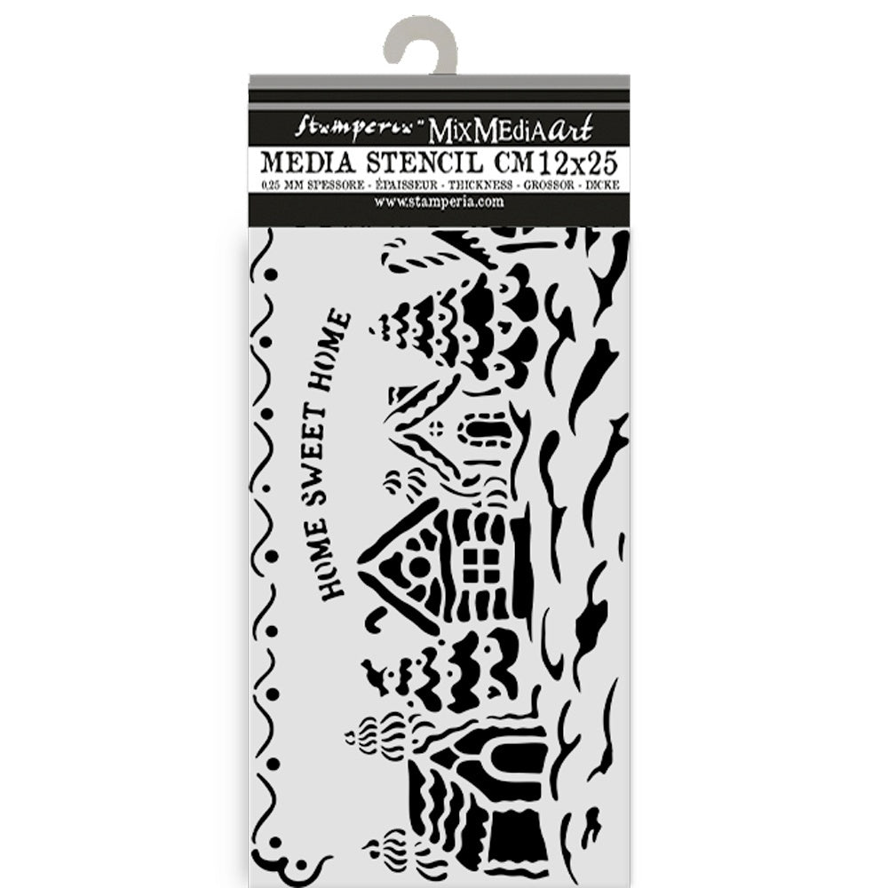 Stamperia Media Stencil with house design and text on a white background