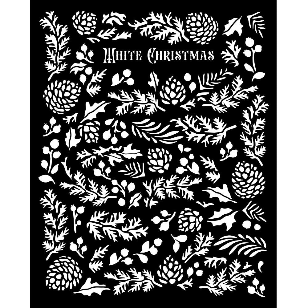 Decorative design stencil with white Christmas text surrounded by white floral patterns on a black background