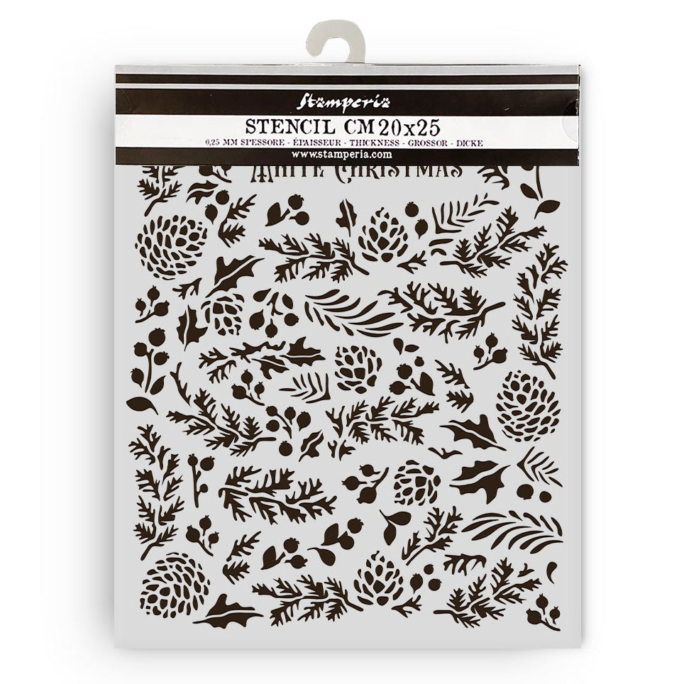 Stamperia pine cones and greenery stencil with decorative patterns on a white background