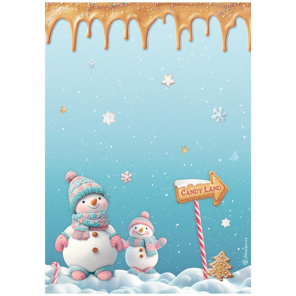 Two snowmen with candy canes and a sign pointing to 'Candy Land' on a snowy background.