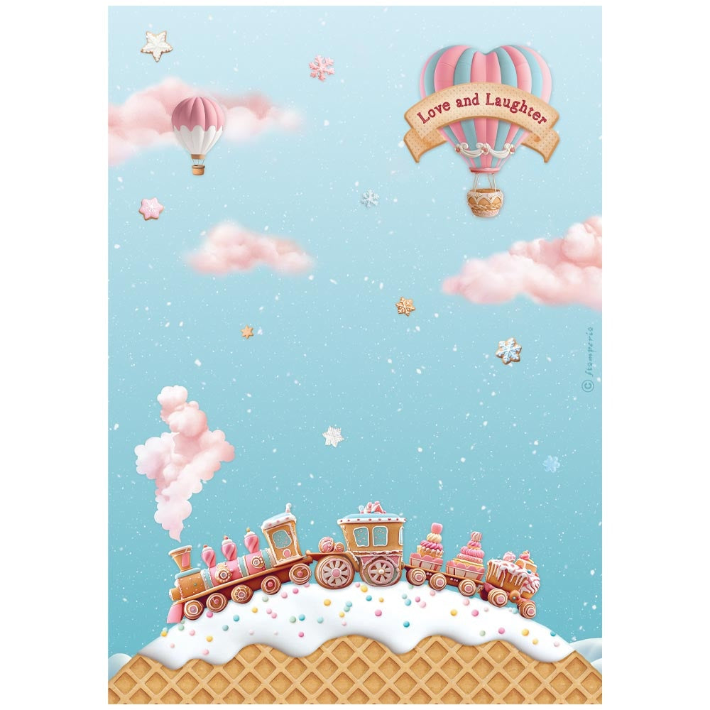 Illustration of a candy train with hot air balloons and 'Love and Laughter' banner on a blue sky background.