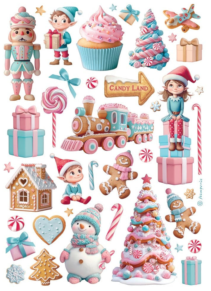 Collage of candy Christmas theme in blue and pink with gingerbread man, elves, nutcracker, snowman