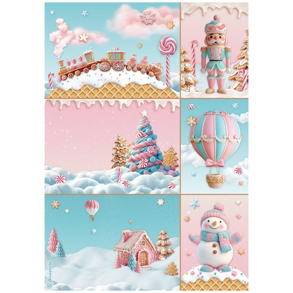 Set of six colorful Christmas-themed illustrations including a candy train, nutcracker, candy cane, gingerbread house, hot air balloon, and snowman.