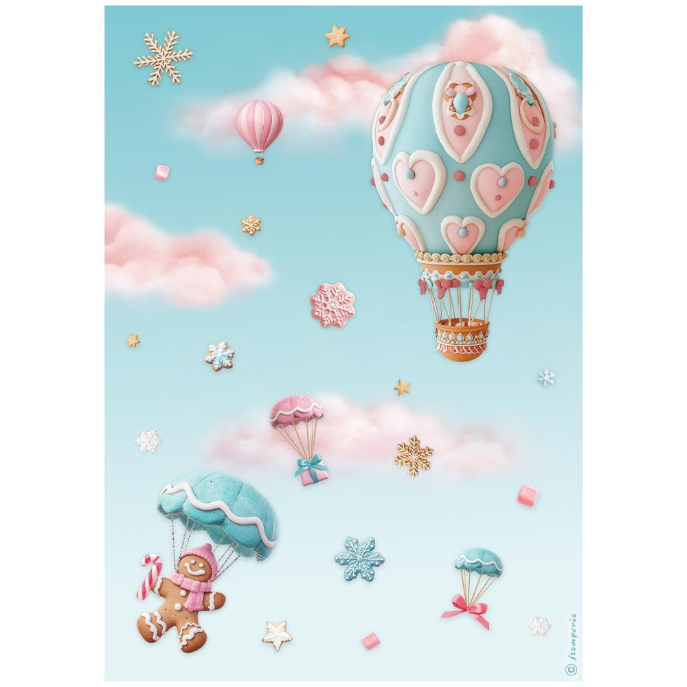 Illustration of gingerbread cookies in hot air balloons and parachutes against a blue sky with clouds.