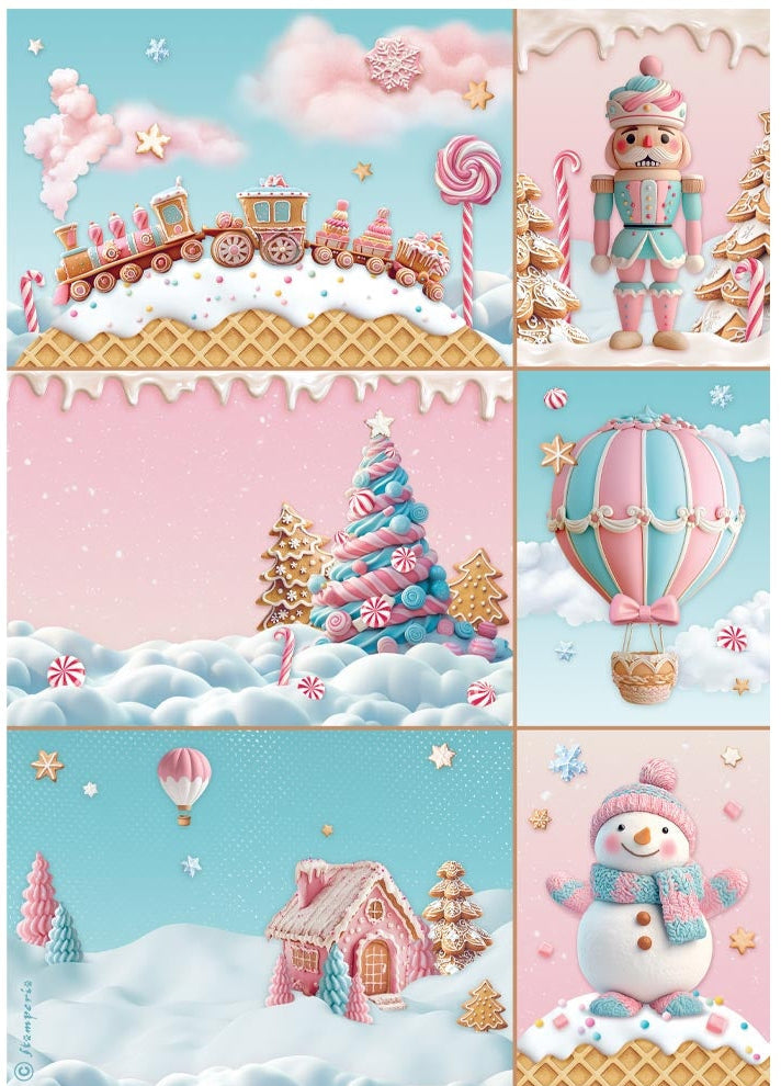 Set of six colorful Christmas-themed illustrations including a candy train, nutcracker, candy cane, gingerbread house, hot air balloon, and snowman.