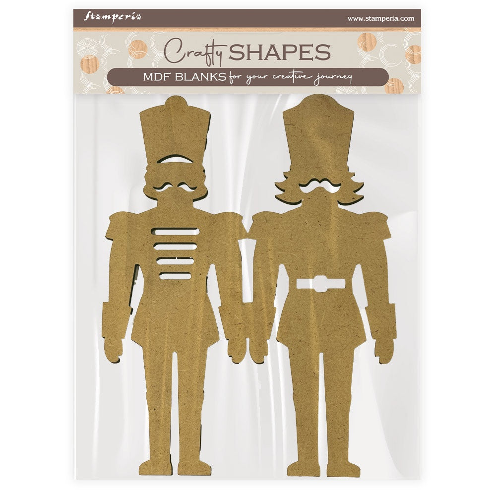 Two MDF wood cutouts of nutcrackers on a clear background with 'Craft Shapes' branding.