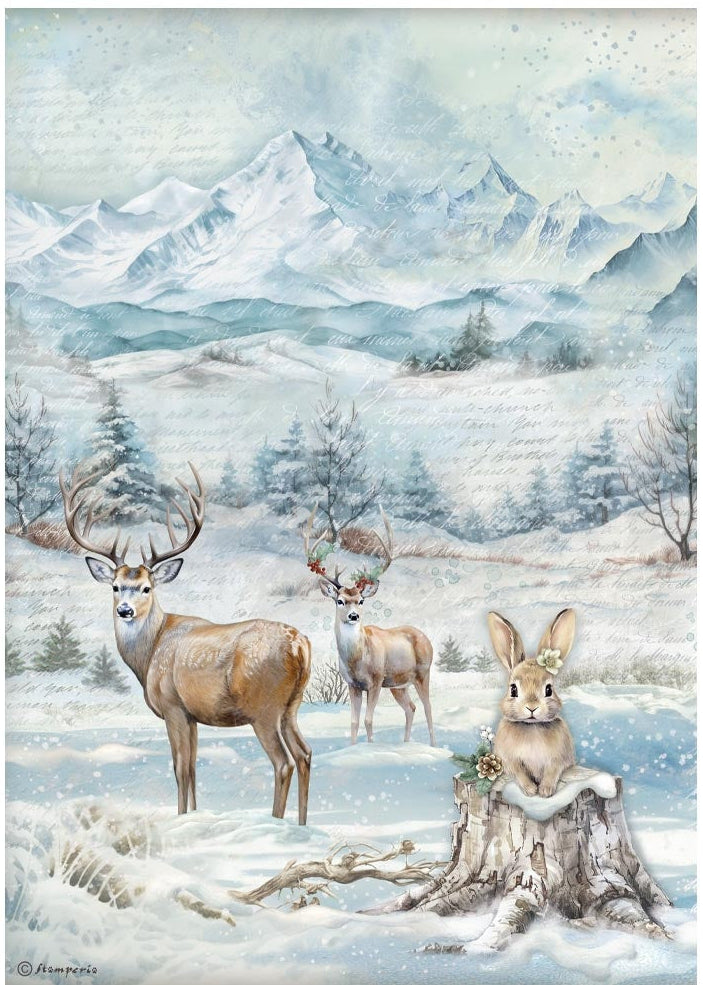 Winter scene with deer and a rabbit in a snowy landscape with mountains.