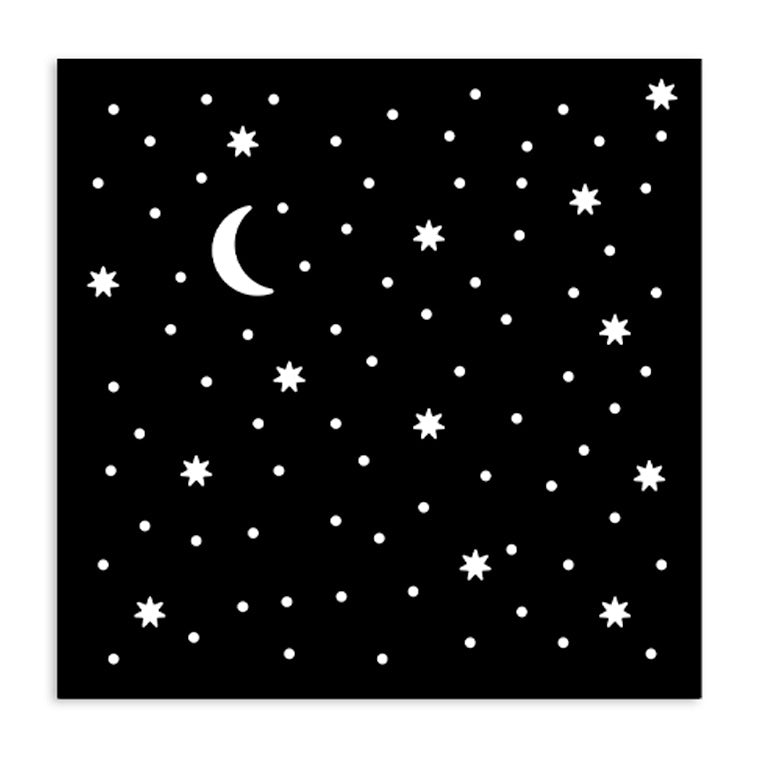 Pattern of stars and a crescent moon stencil on a black background