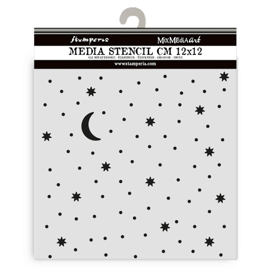 Stamperia media stencil with star and moon pattern on a white background