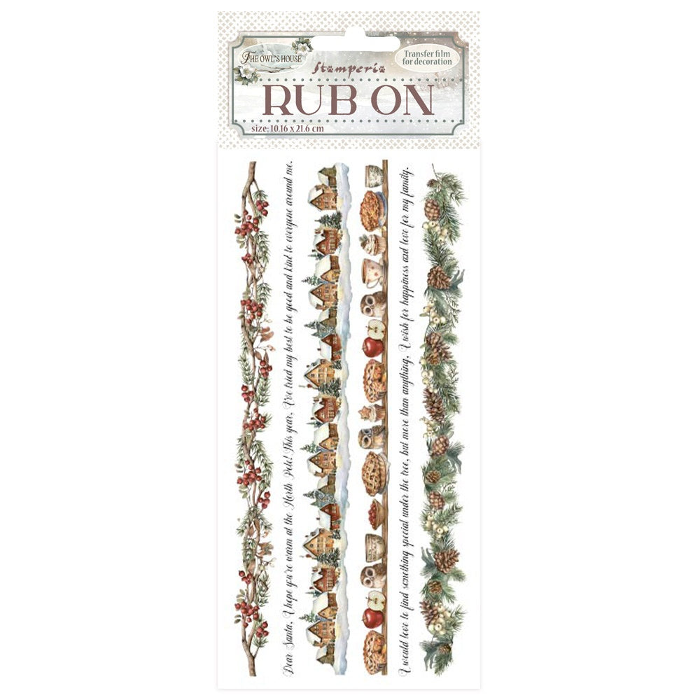 Rub On decorative strip with Christmas-themed designs on a white background