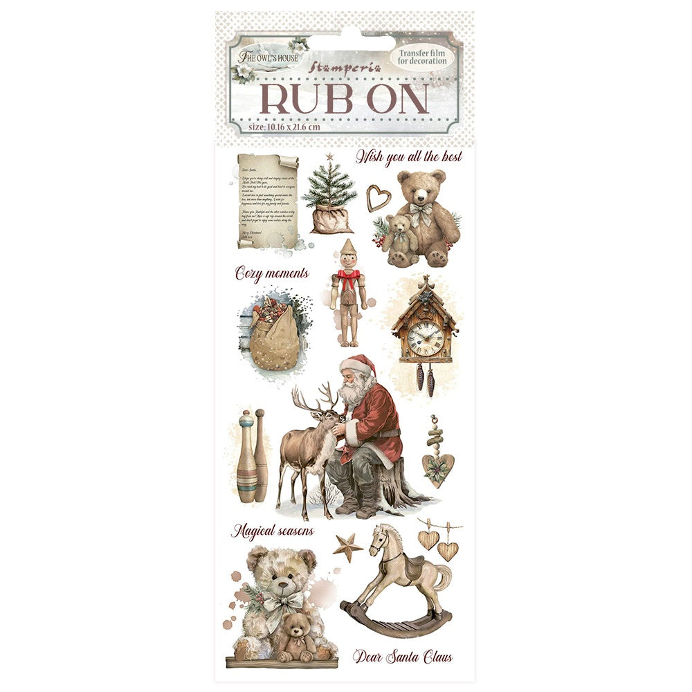 Rub-on transfers with Christmas-themed designs featuring Santa Claus, reindeer, and bears on a white background.