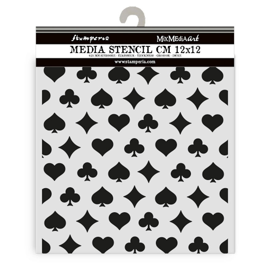 Media Stencil with black geometric patterns on a white background, featuring Stampedia branding.