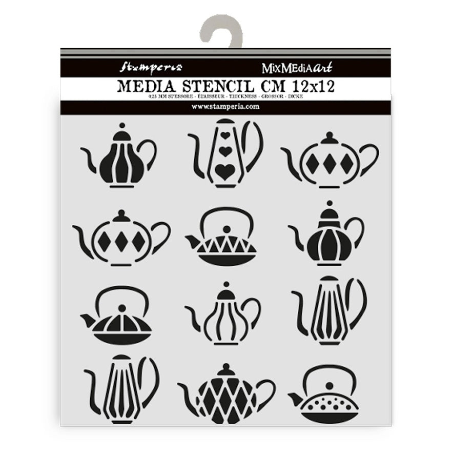 Media Stencil with teapot designs on a white background