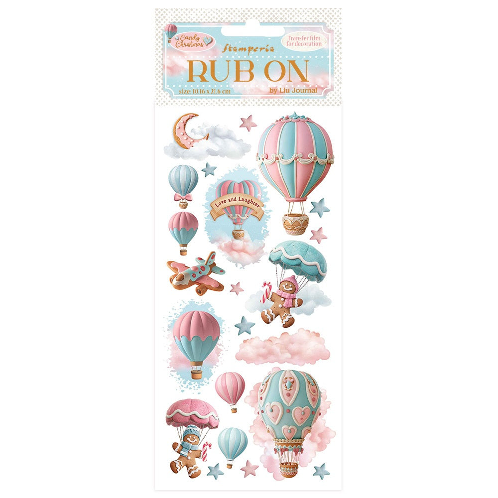 Rub-on transfers with hot air balloons and teddy bears on a white background