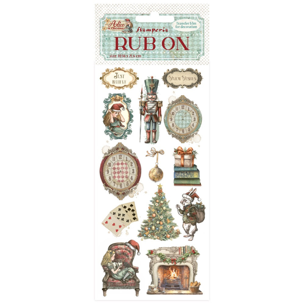 Sheet of Christmas-themed rub-on transfers with decorative designs on a white background.