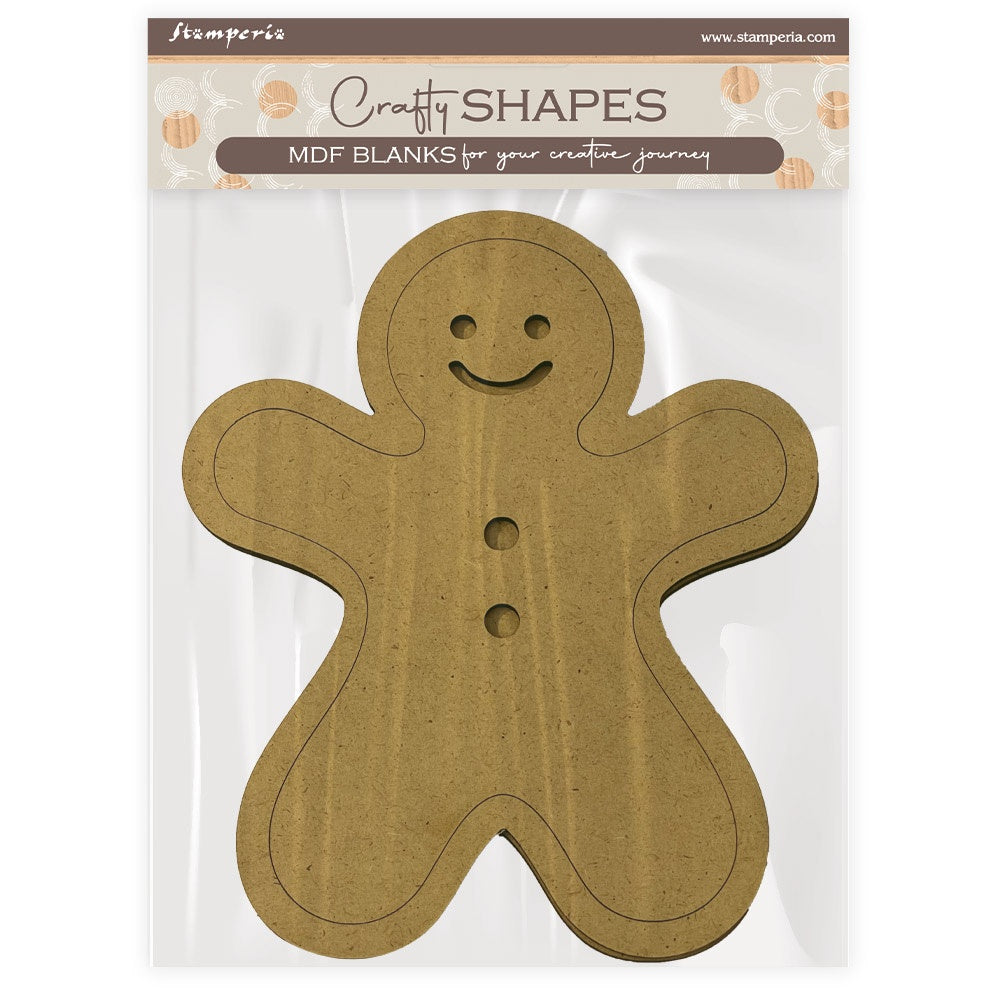 MDF blank shaped like a gingerbread man on a white background with 'Craft Shapes' branding.
