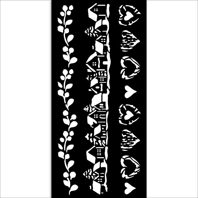 Decorative border stencil with houses and leaves on a black background