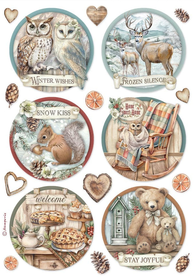 Set of decorative plates with nature-themed illustrations and text on a white background.