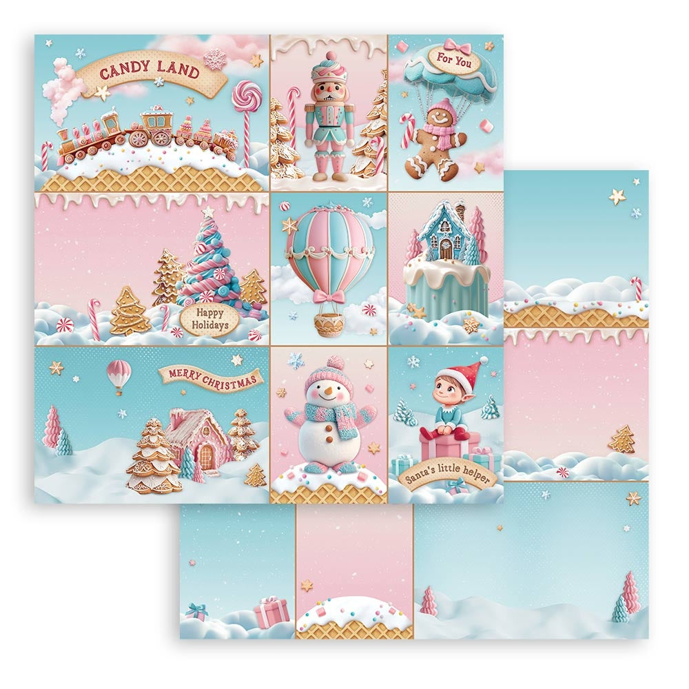 Set of Christmas-themed cards with candyland and winter scenes.