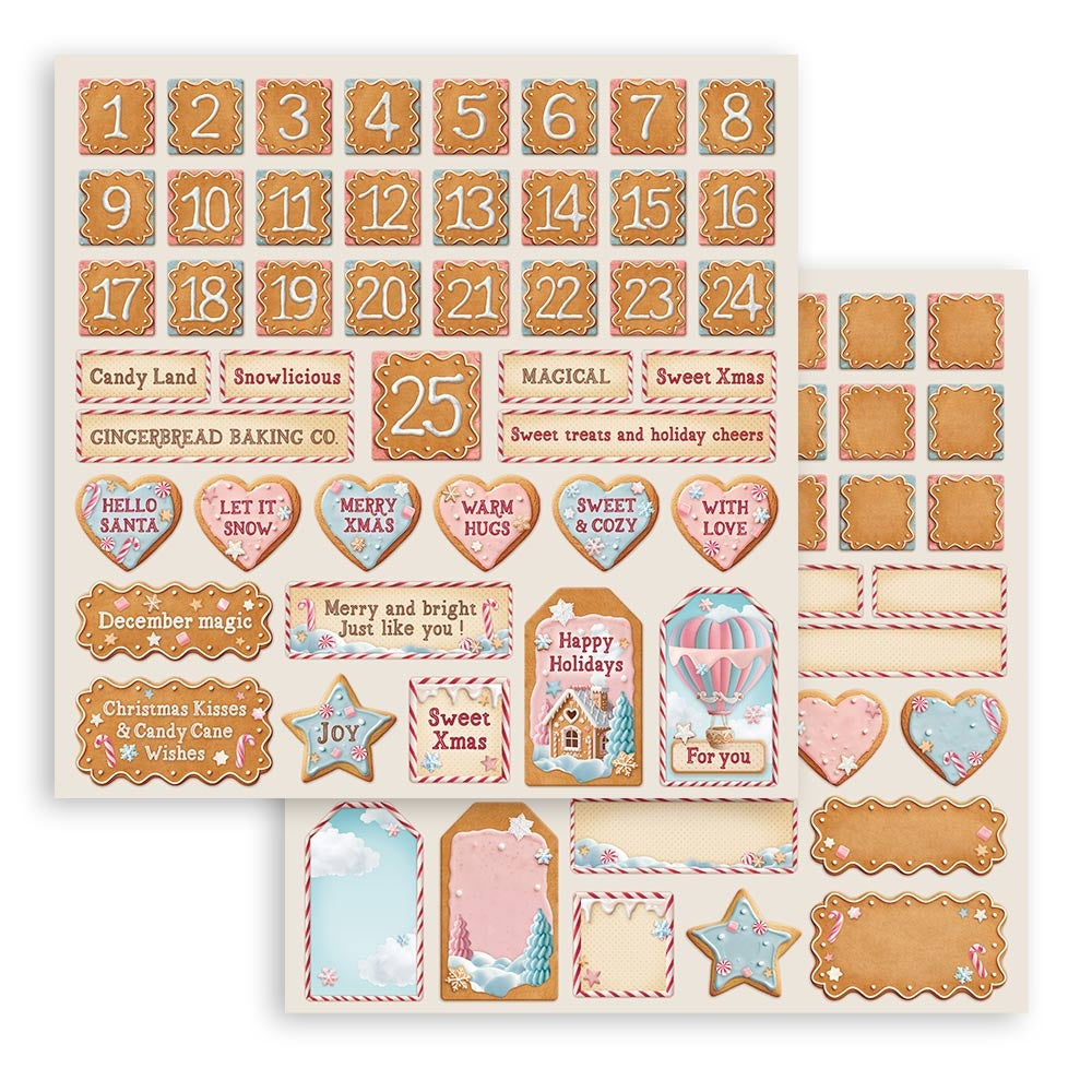 Collection of Christmas-themed stickers with numbers, gingerbread designs, and festive phrases on a white background.