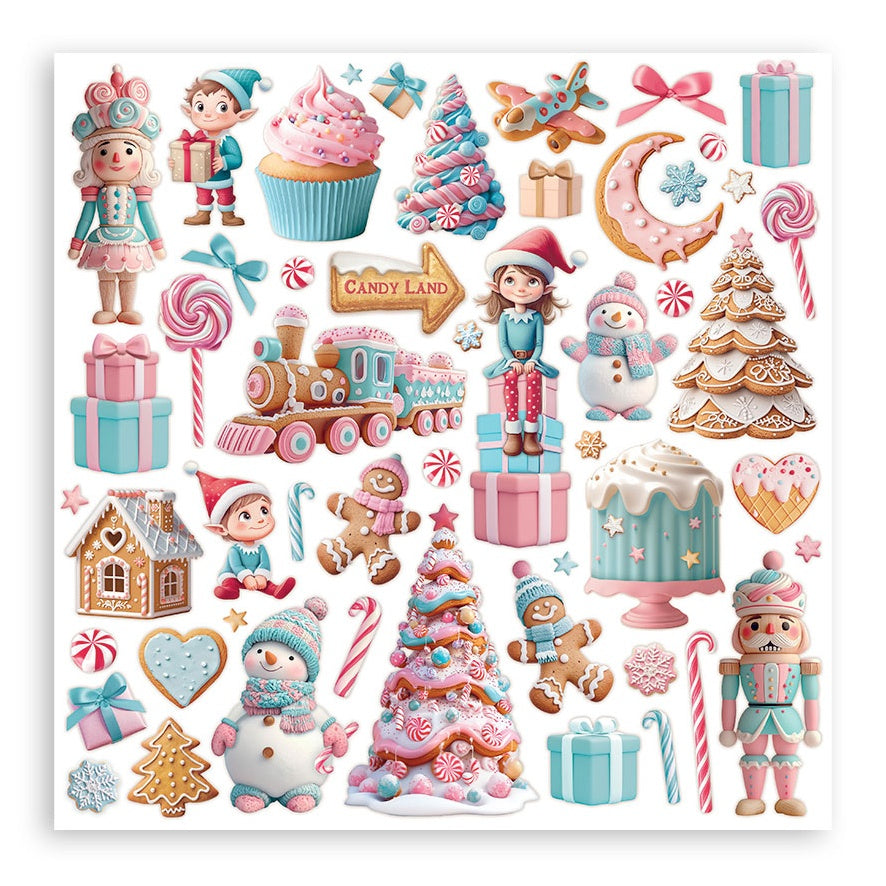 Collection of colorful Christmas-themed stickers featuring elves, gingerbread men, candy, and other festive elements on a white background.