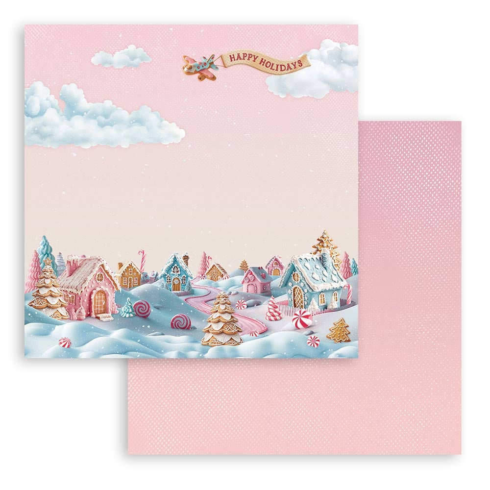 Greeting card with a festive gingerbread village design on a pink background