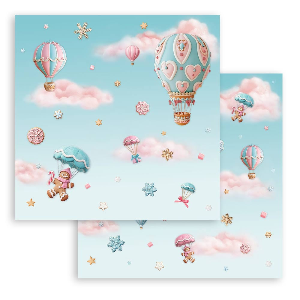 Illustration of hot air balloons and gingerbread men on a light blue background with pink clouds.