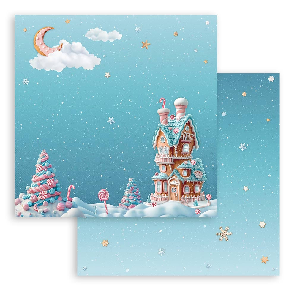 Greeting card with a gingerbread house and candy trees on a blue snowy background
