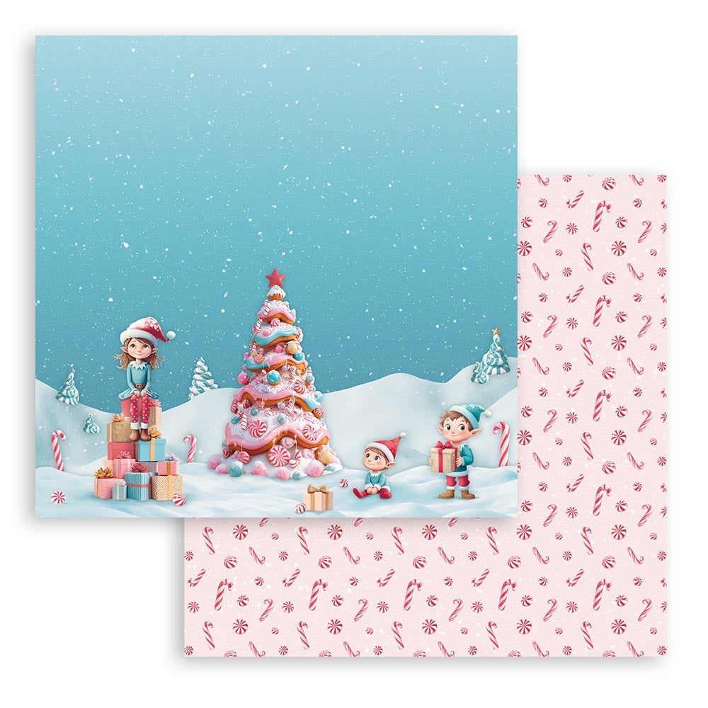 Christmas-themed paper with children around a gingerbread house and candy cane pattern