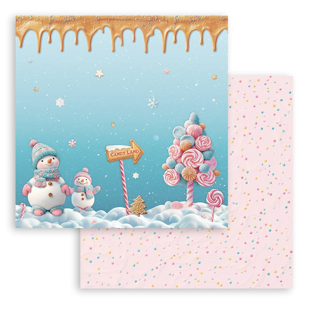 Card with snowmen and candy-themed design on a blue background