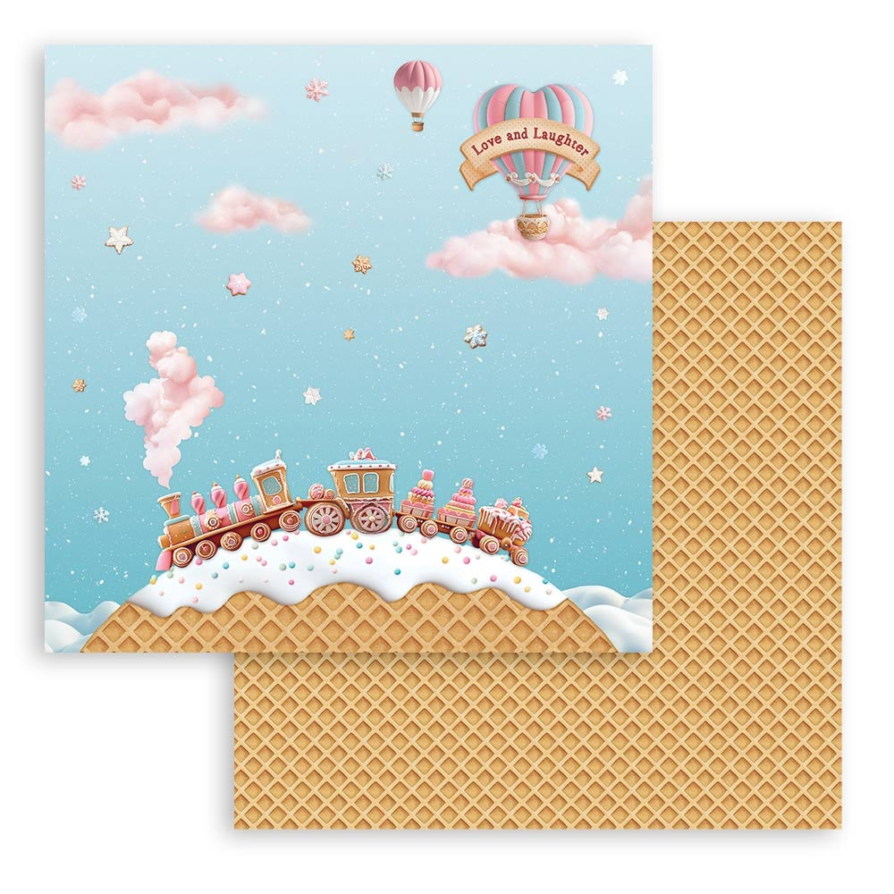 Illustration of a train and hot air balloon on a waffle-patterned background