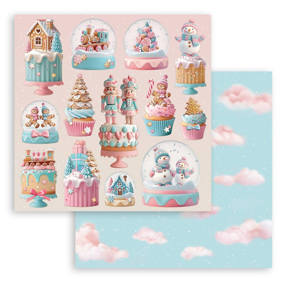 Set of decorative stickers with Christmas-themed designs on a pink and blue background.