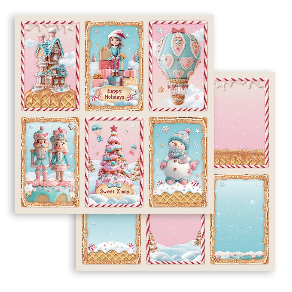 Cardstock with 6 squares in blue and pink featuring Christmas themed snowmen and gingerbread