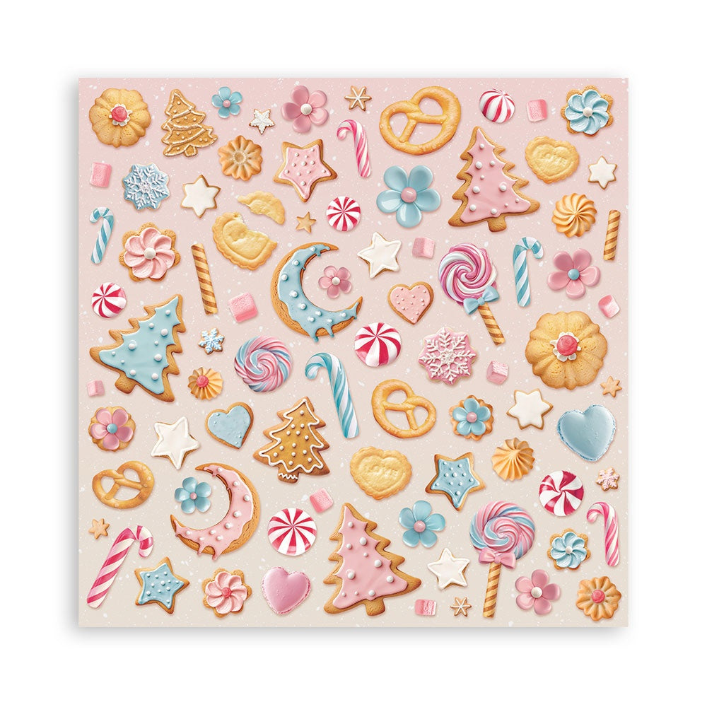 Sheet of decorative candy-themed stickers on a pink background