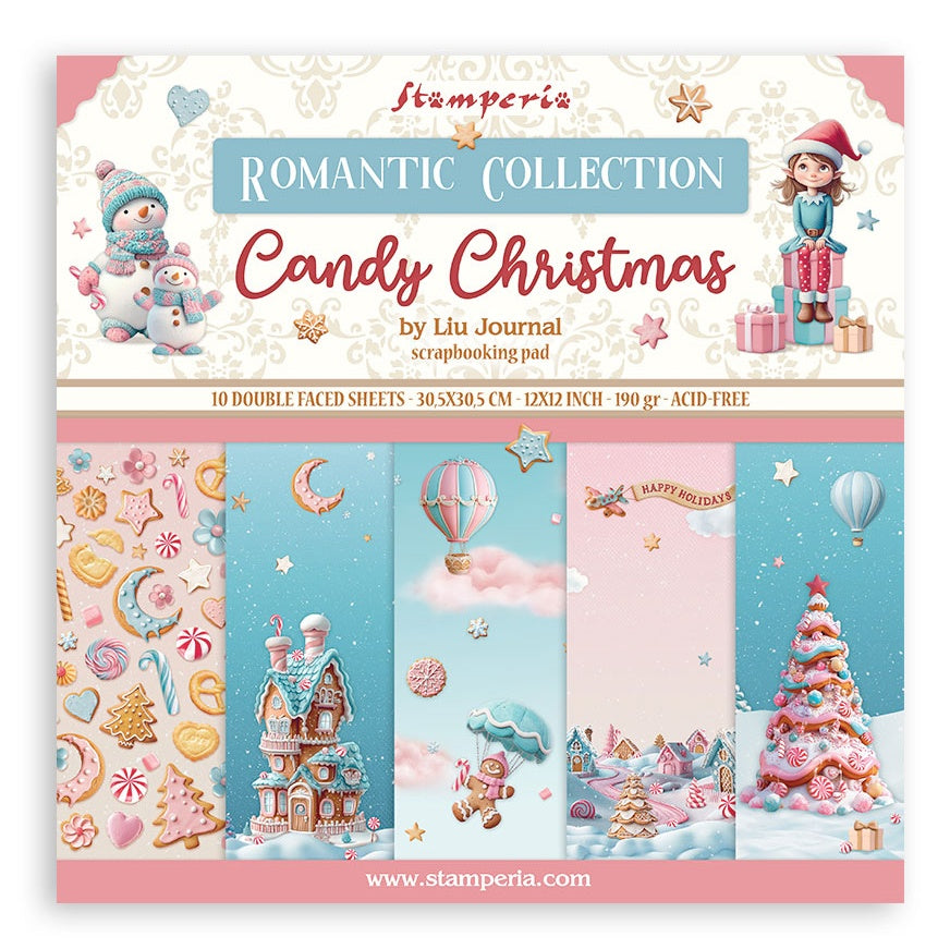 Stamperia Candy Christmas scrapbooking pad packaging with festive designs and text.