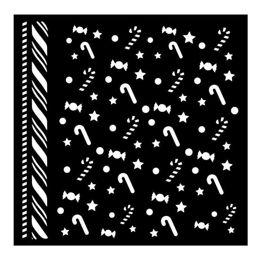 Stencil with white Christmas-themed patterns including candy canes, stars, and snowflakes.
