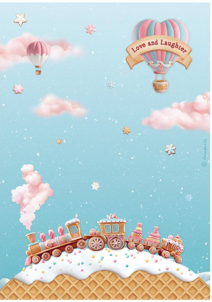 Illustration of a candy train with hot air balloons and 'Love and Laughter' banner on a blue sky background.
