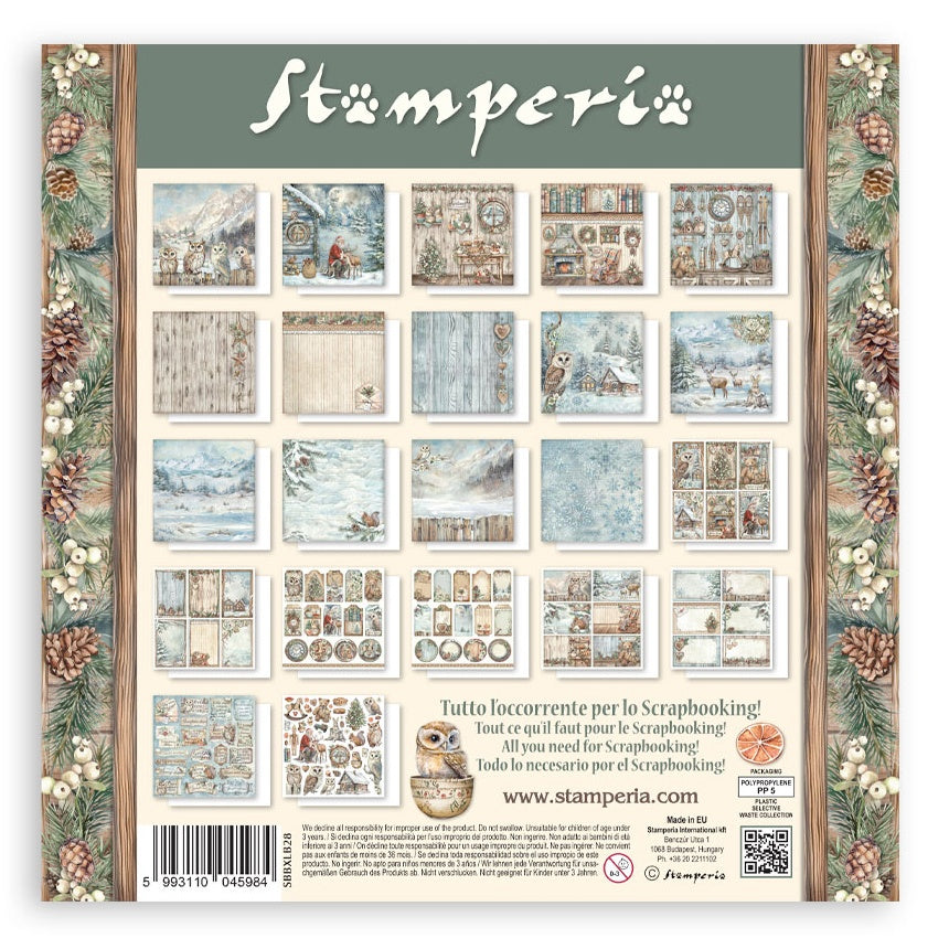 Stamperia scrapbooking paper pack with various designs on a green background